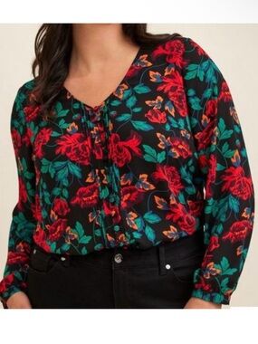 Torrid Black Floral V-Neck Long-Sleeve Blouse with Red Floral print